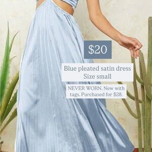 Blue Pleated Satin Dress